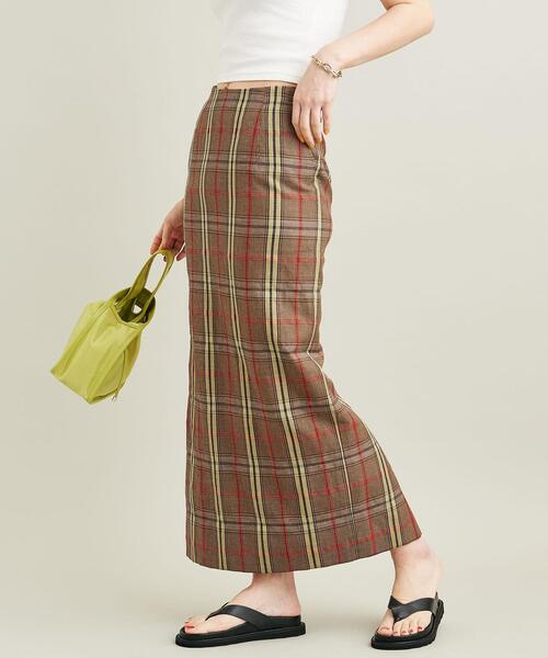 D【麻混】ユナイテッドアローズ チェックバックスリット タイトスカート M BEAUTY&YOUTH UNITED ARROWS（ビューティーアンドユース