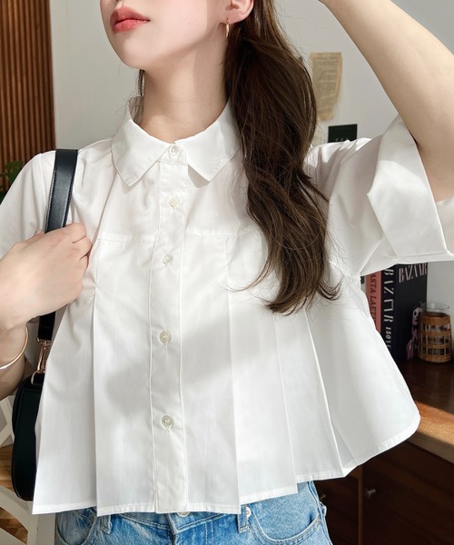 moment+ ブラウス シャツ TCブロードタックショート半袖シャツ