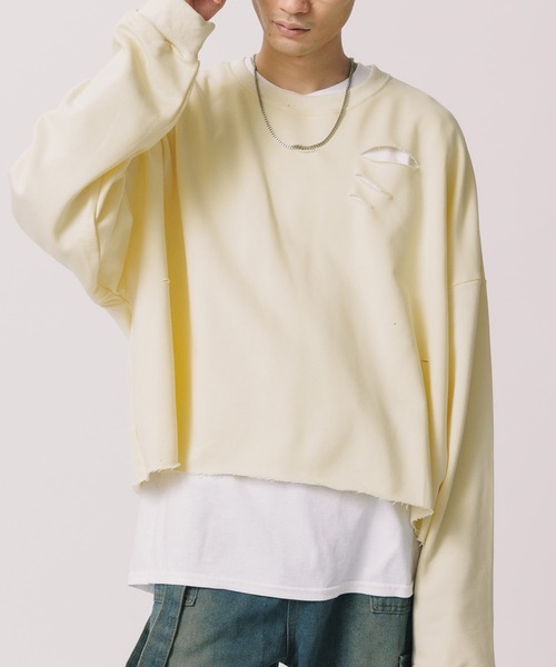 新品　T. japan sweat cropped tops スウェット　グレー Theater code トレーナー スウェット Damaged Cropped Logo