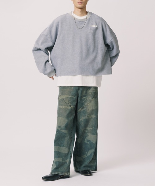 新品　T. japan sweat cropped tops スウェット　グレー Theater code トレーナー スウェット Damaged Cropped Logo