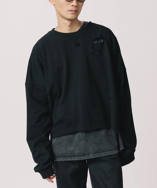値下げdeterm デターム　黒 クロップド スウェットM Theater code トレーナー スウェット Damaged Cropped Logo
