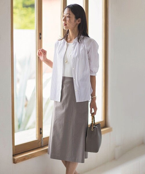 ブラウス シャツ 「洗える」BEZ空羽ストライプ 前開き シャツカラー