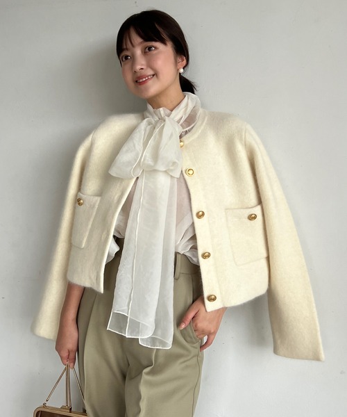anuans ブラウス シャツ シアーボウタイボリュームブラウス
