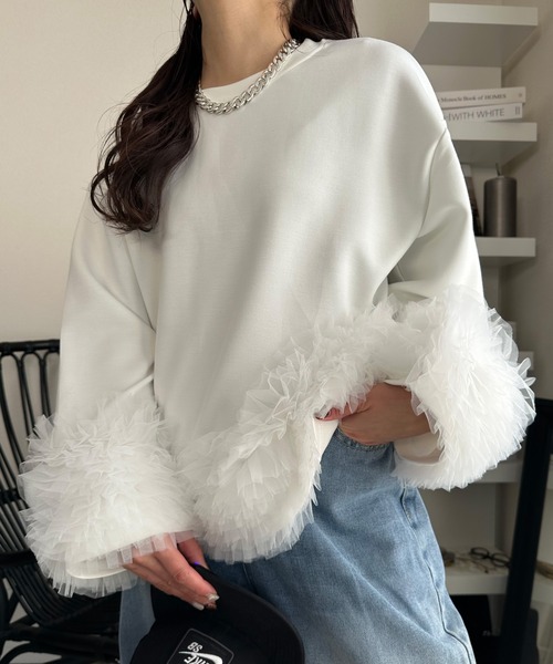 deux amour 袖裾ボリュームチュールフリルトップス レディース 