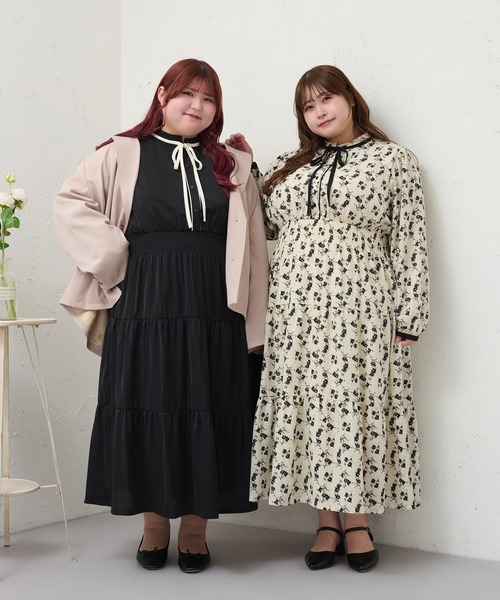 Louiosy ワンピース 「大きいサイズ」配色リボン付きティアード