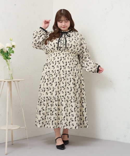 Louiosy ワンピース 「大きいサイズ」配色リボン付きティアード