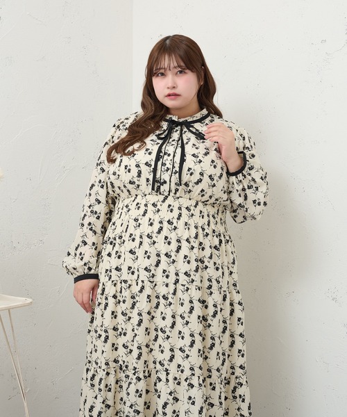 Louiosy ワンピース 「大きいサイズ」配色リボン付きティアード