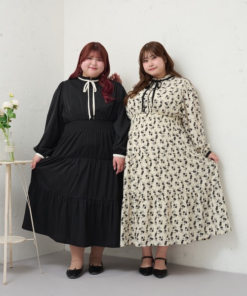 Louiosy ルオシー　レースティアードパフスリーブワンピ　大きいサイズ　LL Louiosy ワンピース 「大きいサイズ」レースティアード