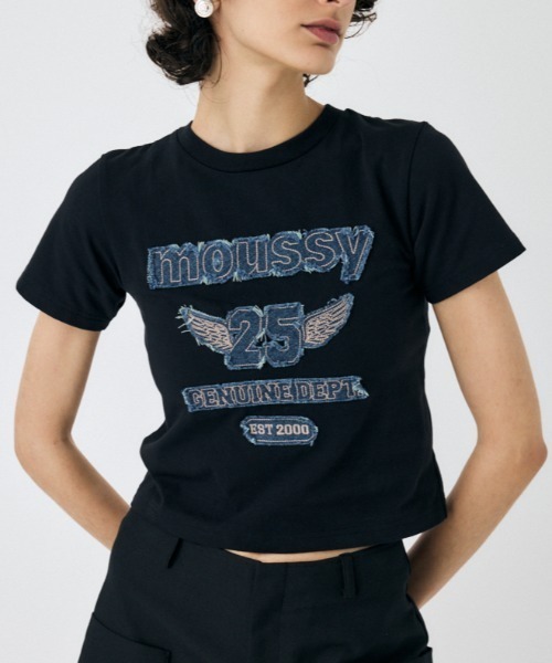 MOUSSY tシャツ PATCH DENIM 25TH Tシャツ レディース