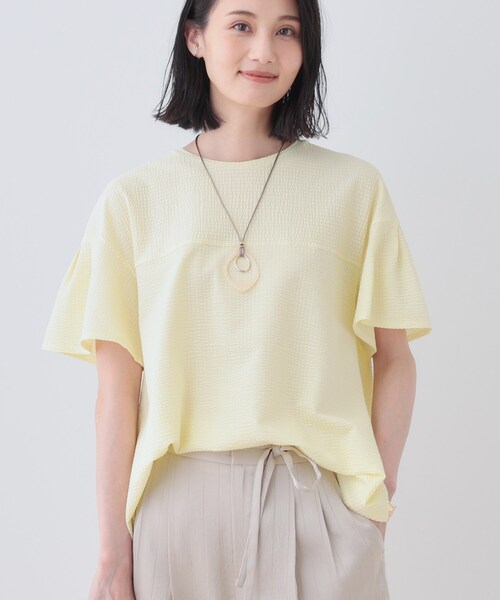 tシャツ 「洗える／体型カバー」凹凸素材フレアデザイントップス レディースの画像