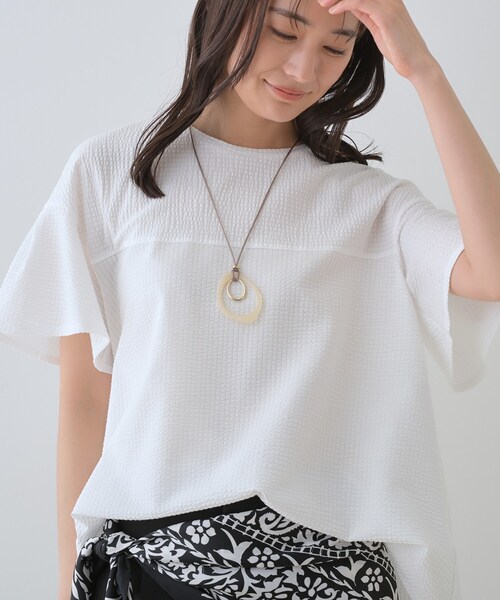tシャツ 「洗える／体型カバー」凹凸素材フレアデザイントップス レディース