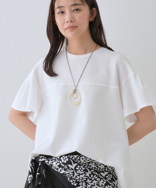 tシャツ 「洗える／体型カバー」凹凸素材フレアデザイントップス レディースの画像
