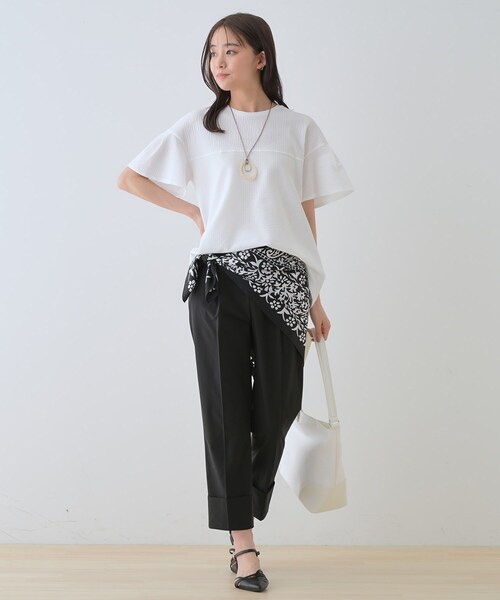 tシャツ 「洗える／体型カバー」凹凸素材フレアデザイントップス レディースの画像