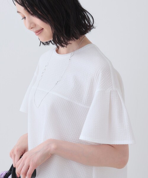 tシャツ 「洗える／体型カバー」凹凸素材フレアデザイントップス レディースの画像