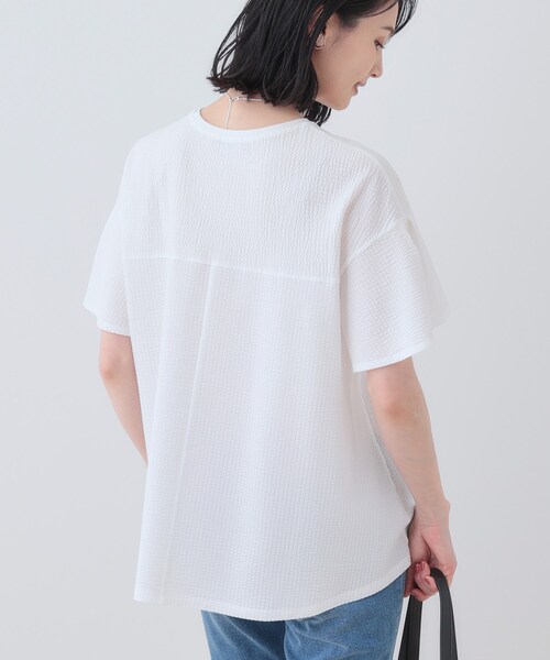 tシャツ 「洗える／体型カバー」凹凸素材フレアデザイントップス レディースの画像