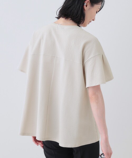 tシャツ 「洗える／体型カバー」凹凸素材フレアデザイントップス レディースの画像