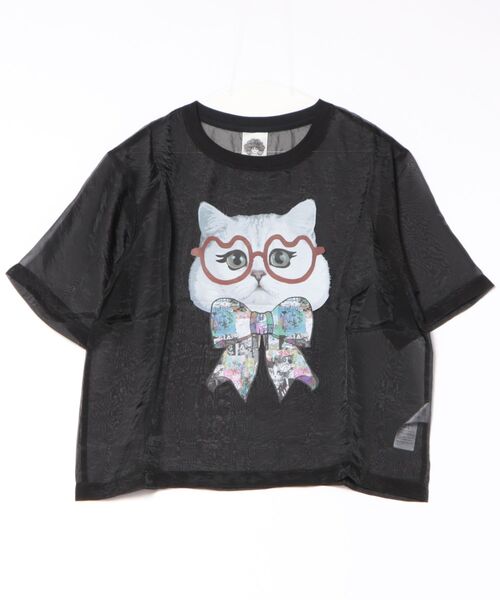 tシャツ 152661：眼鏡リボンネコ柄シアープルオーバー レディース