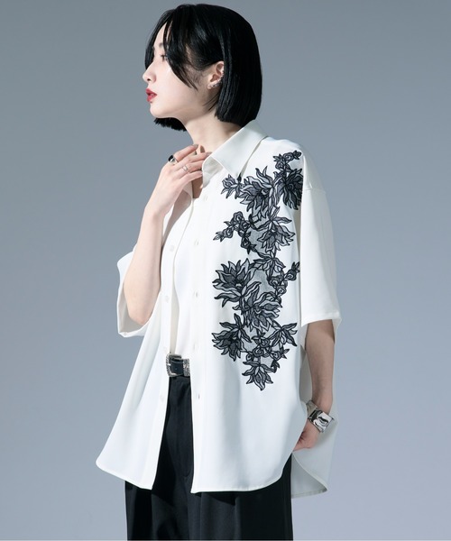 Ellno Loset シャツ ハッチングフラワー刺繍シャツ メンズ