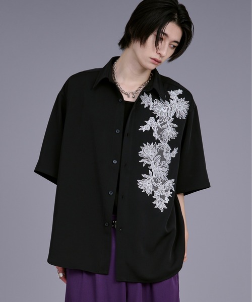 Ellno Loset シャツ ハッチングフラワー刺繍シャツ メンズ