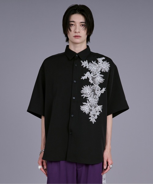 Ellno Loset シャツ ハッチングフラワー刺繍シャツ メンズ