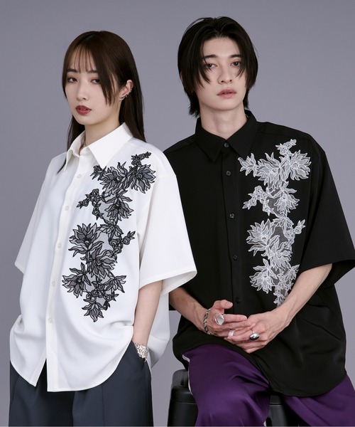 Ellno Loset シャツ ハッチングフラワー刺繍シャツ メンズ