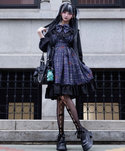ハンドメイド　フランネルチェックフリル付きノーカラーワンピース　クリスマスにも♡ NIBBLE POISON（ニブルポイズン） ワンピース ナイトメアチェック