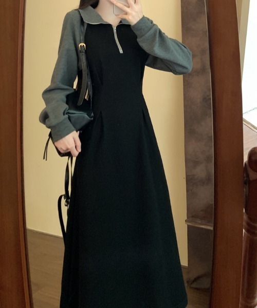 Diosfront ワンピース ハーフジップバイカラースウェットワンピース