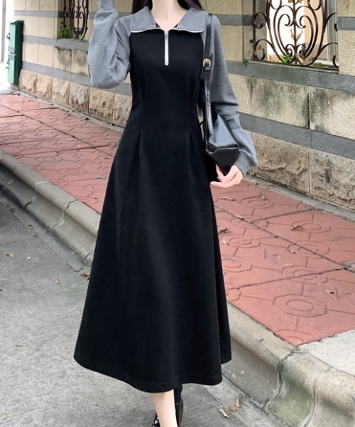 Diosfront ワンピース ハーフジップバイカラースウェットワンピース