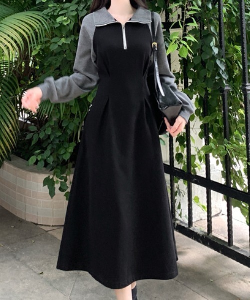 Diosfront ワンピース ハーフジップバイカラースウェットワンピース