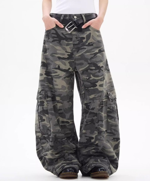 lilful ジーンズ 「26年春夏新作」迷彩柄ミリタリーワイドバギーカーブ