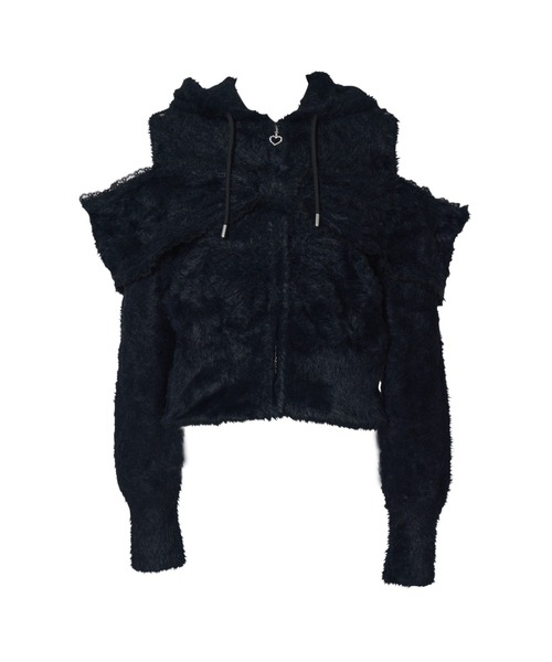 AVENCHUMU パーカー Ribbon shoulder zip shaggy knit hoodie