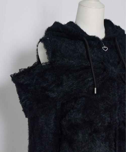 AVENCHUMU パーカー Ribbon shoulder zip shaggy knit hoodie
