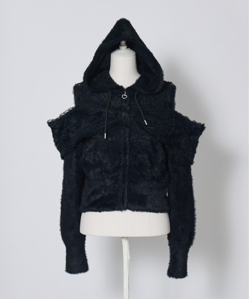 AVENCHUMU パーカー Ribbon shoulder zip shaggy knit hoodie