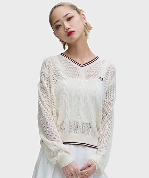 フレッドペリー　ローゲージニット　ホワイト FRED PERRY（フレッドペリー） ニット セーター Mesh Cable Knit