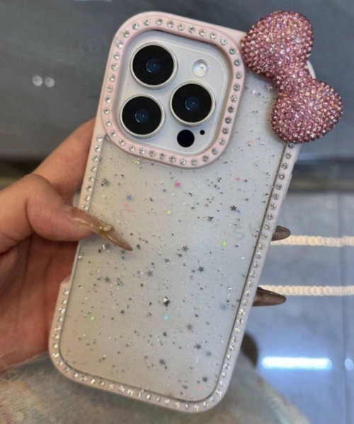 スマホケース ラインストーン リボン ラメ入り クリア iPhone ケース