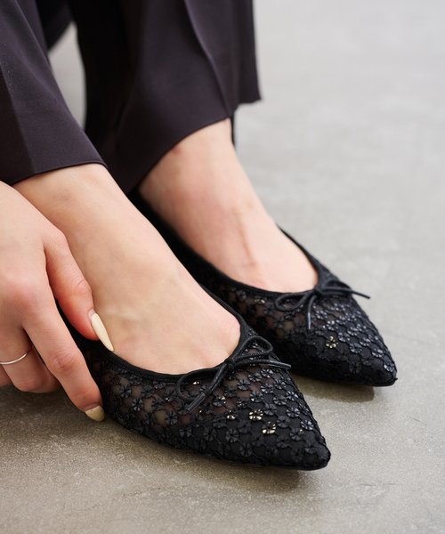 未使用級美品　ルタロン　フラワースパンコールバレエ　フラット　黒　日本製 LE TALON（ル タロン） バレエシューズ パンプス ポインテッドフラワー