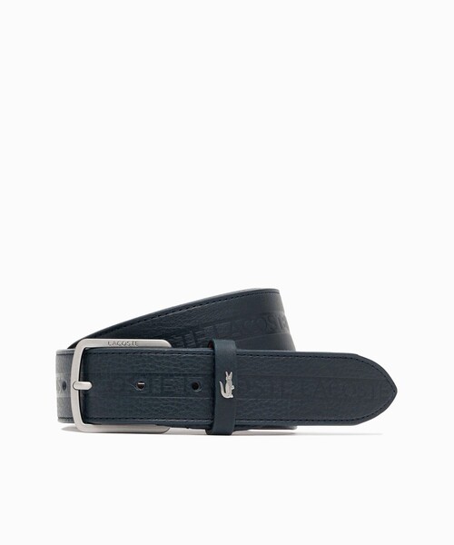 afbブラックレザー ベルト ロゴ入り LACOSTE（ラコステ） ベルト ブランドネームロゴエンボスイタリアン