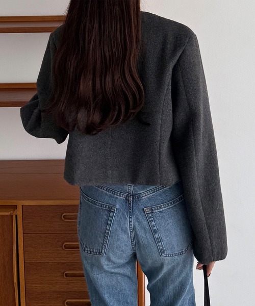 「callautia」 ノーカラージャケット MEDIUM ダークグレー レディース_画像4