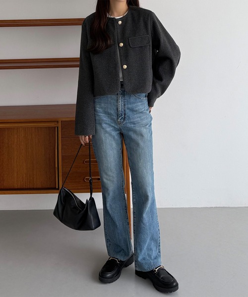 「callautia」 ノーカラージャケット MEDIUM ダークグレー レディース_画像5