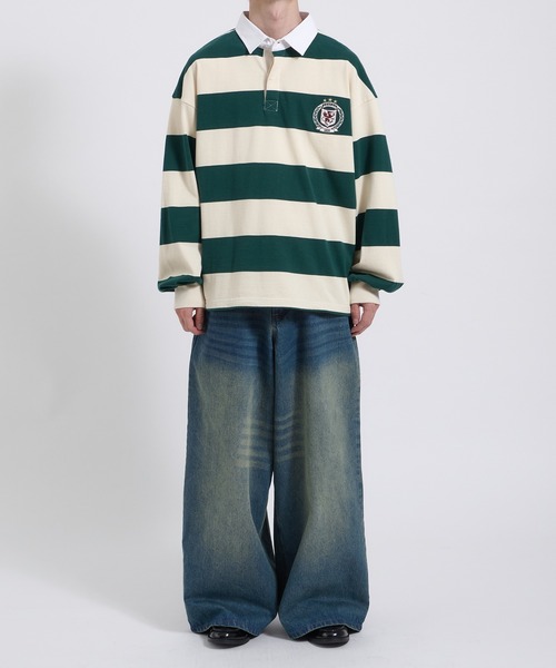 Perushu tシャツ ORIGINAL EMBLEM EMBROIDERY STRIPED RUGBY SHIRT