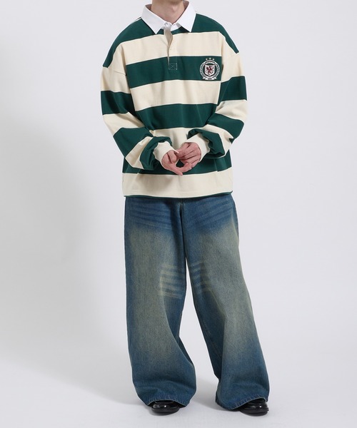 Perushu tシャツ ORIGINAL EMBLEM EMBROIDERY STRIPED RUGBY SHIRT