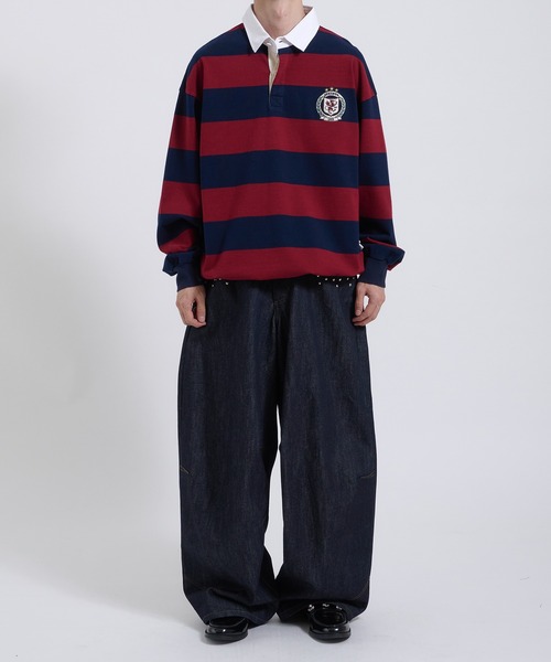 Perushu tシャツ ORIGINAL EMBLEM EMBROIDERY STRIPED RUGBY SHIRT
