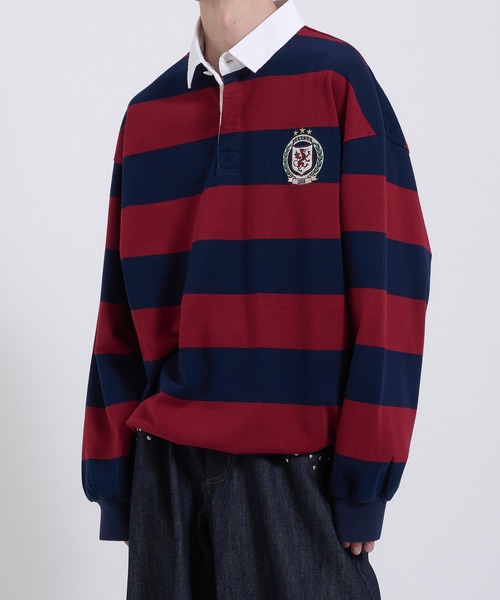 Keboz ラガーシャツ ボーダー 長袖 刺繍ロゴ L人気カラー レッド　ブルー Perushu tシャツ ORIGINAL EMBLEM EMBROIDERY STRIPED RUGBY SHIRT