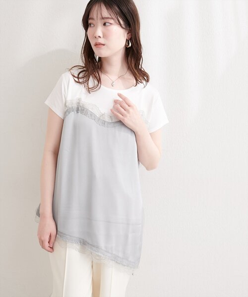 natural couture tシャツ 半袖 アシメサテンレースドッキングT