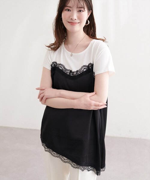 natural couture tシャツ 半袖 アシメサテンレースドッキングT