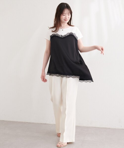 natural couture tシャツ 半袖 アシメサテンレースドッキングT