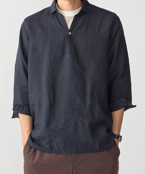 SHIPS Herdmans リネン100% カプリシャツ 七分袖 M ネイビー SHIPS（シップス） 七分袖 シャツ SHIPS: HERDMANS リネン 7スリーブ