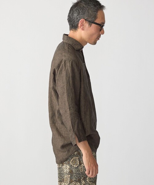 【美品】SHIPS Herdmans リネン　カプリシャツ　ブラウン SHIPS（シップス） 七分袖 シャツ SHIPS: HERDMANS リネン 7スリーブ