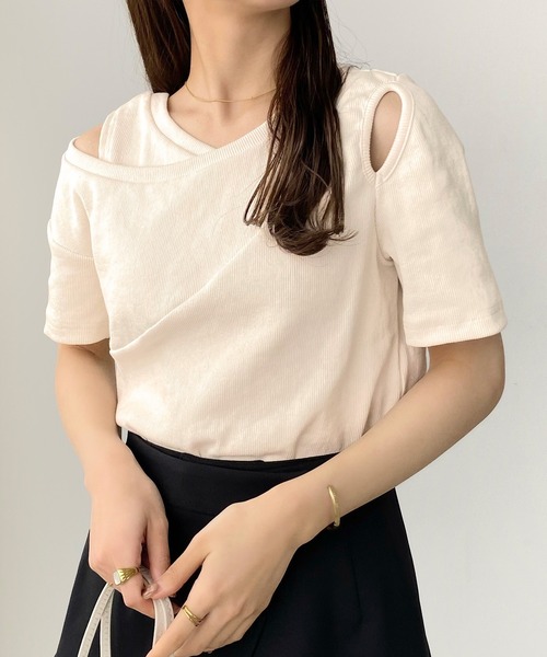 callautia tシャツ 肩あき変形リブトップス レディース