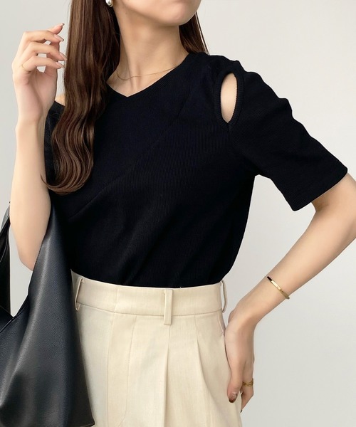 callautia tシャツ 肩あき変形リブトップス レディース